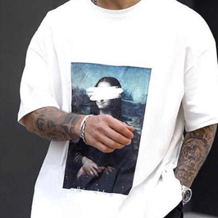Famous Painting Spoof Print Casual Round Neck Short-sleeved T-shirt