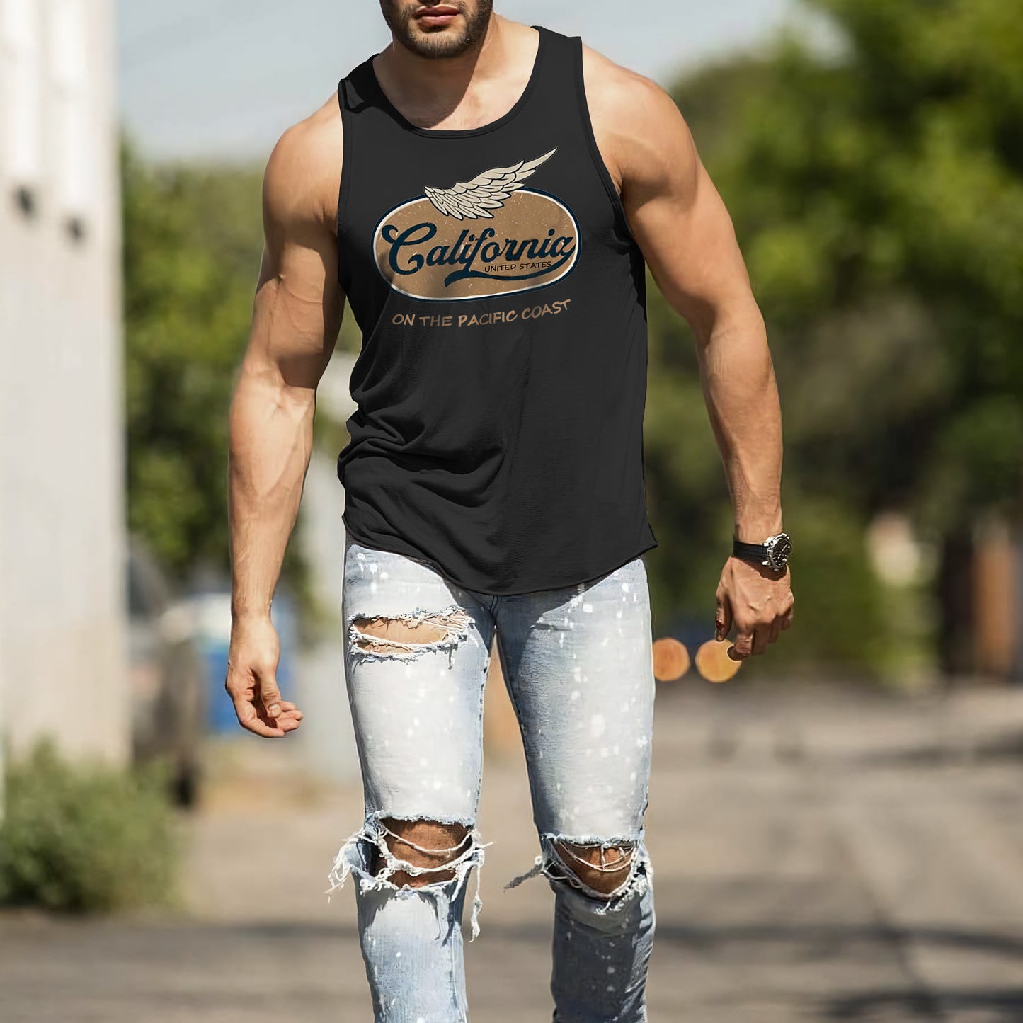 California Graphic Print Men's Crew Neck Tank Top