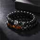 Retro Trend Black Frosted Crown Lion Head Tiger Eye Stone Stretch Set Bracelet