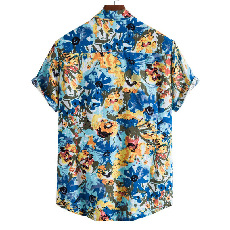 Cotton And Linen Printed Pocket Button-down Shirt