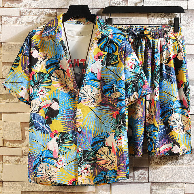 Hawaiian Botanical Bird Print Resort Style Beach Suit