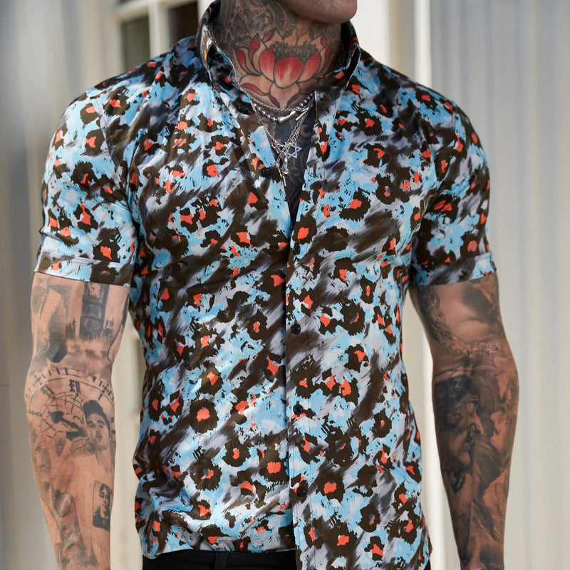 Casual Short Sleeve Vacation Abstract Leopard Print Shirt