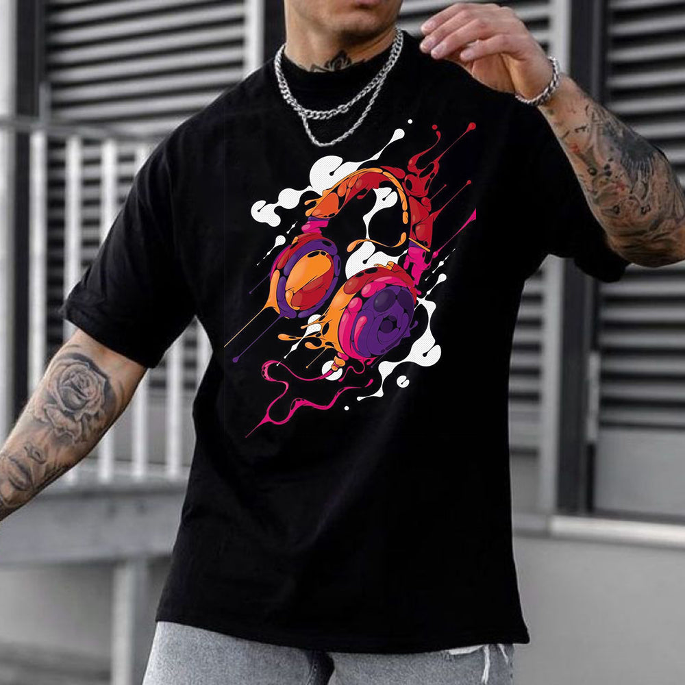 Graffiti Headphones Music Graphic Print Casual Men's T-Shirt