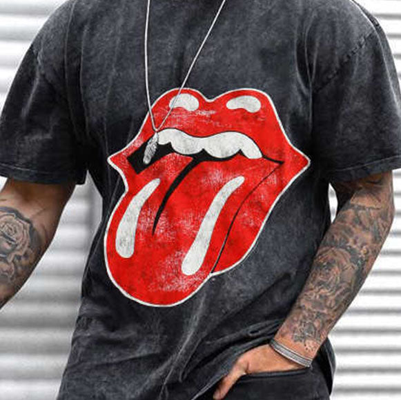 Personality Punk Casual Street Lip Print Crew Neck Short Sleeve T-Shirt