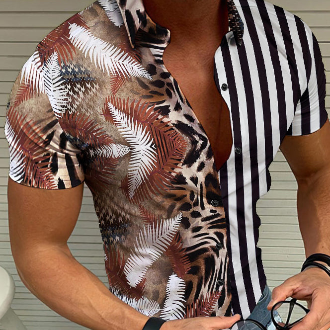 Striped Leopard Contrast Panel Print Casual Short Sleeve Shirt