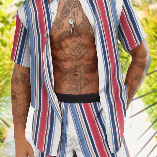 Fashion Personality Casual Striped Print Hawaiian Vacation Two-piece Set