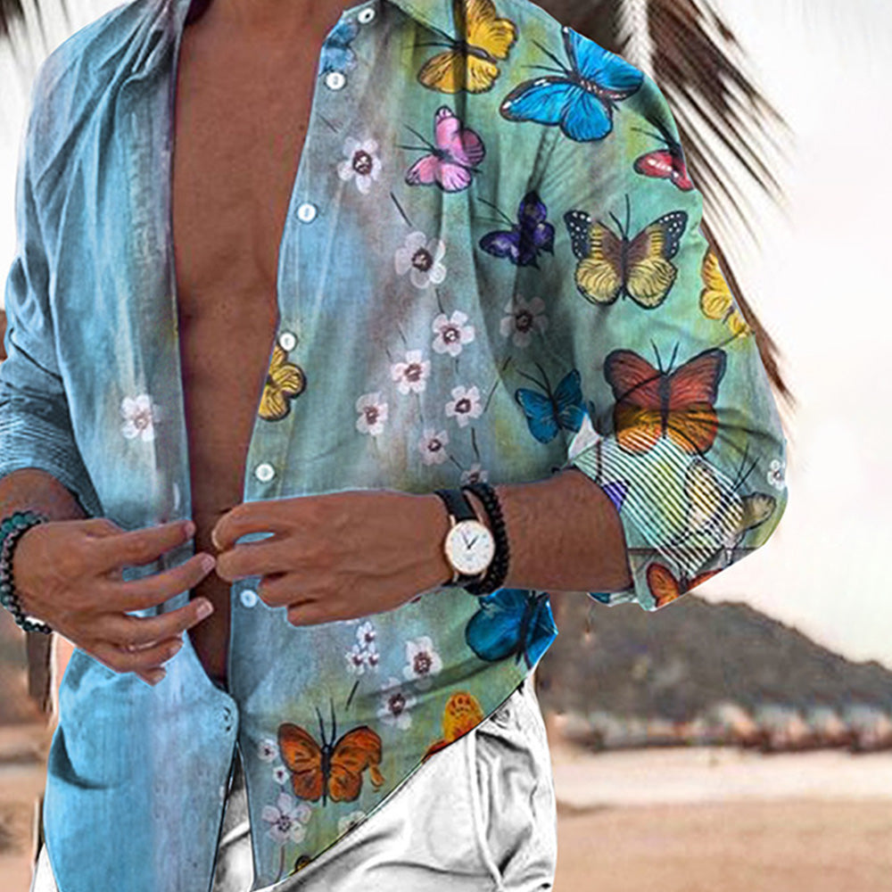 Men's Cotton Butterfly Floral Graphic Print Loose Long Sleeve Casual Shirt