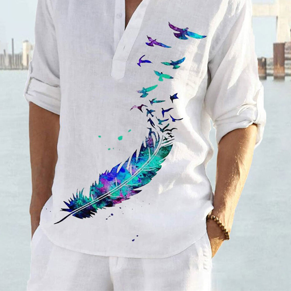 Men's Cotton Linen Feather Bird Graphic Print Loose Casual Shirt