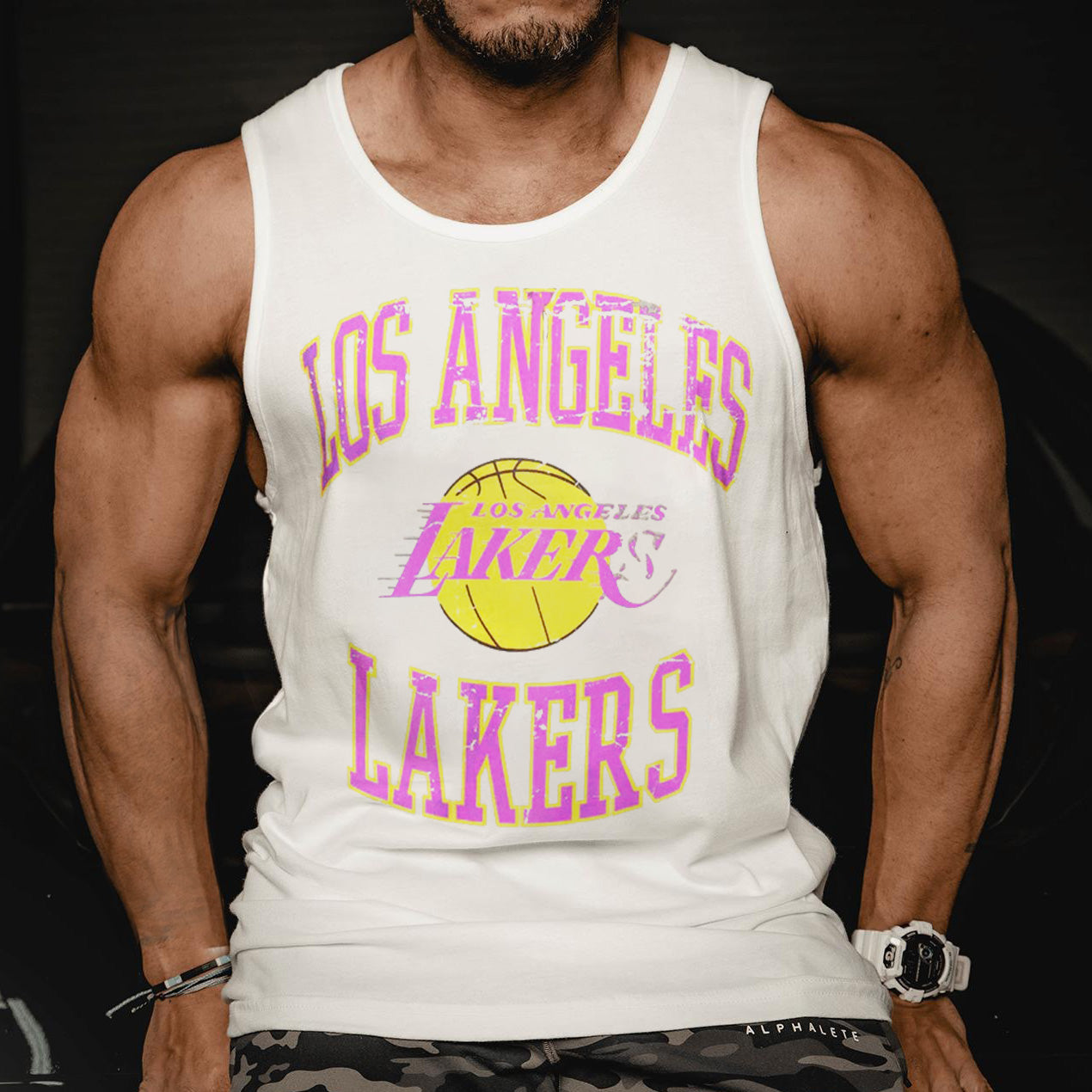 Alphabet Graphic Print Sports LAKERS Crew Neck Casual Tank Top