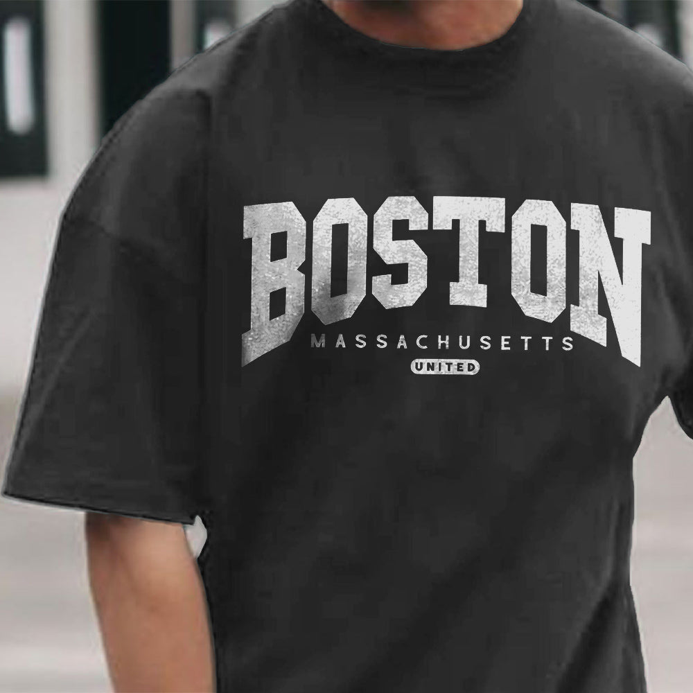 Boston Alphabet Graphic Print Loose Casual Men's T-Shirt