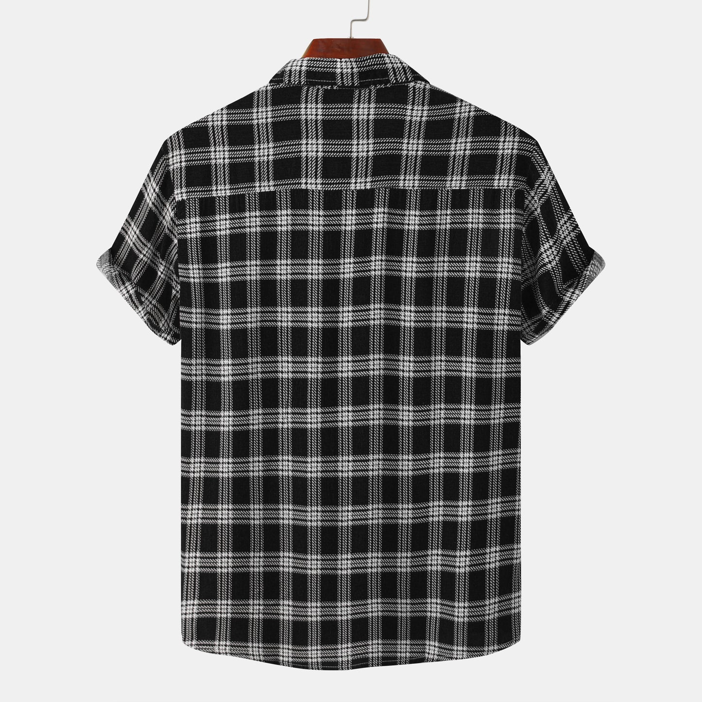 Black Fashion Plaid Print Lapel Button Short Sleeve Shirt