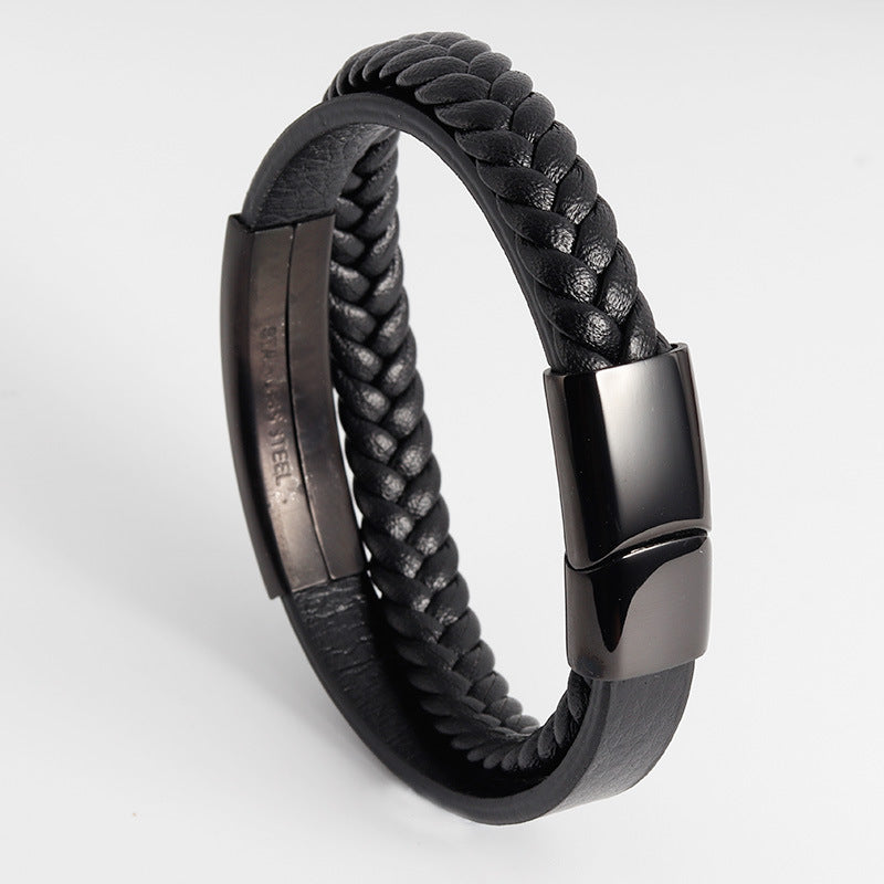 Men's Stainless Steel Woven Bracelet with Black Leather Cord and Leather