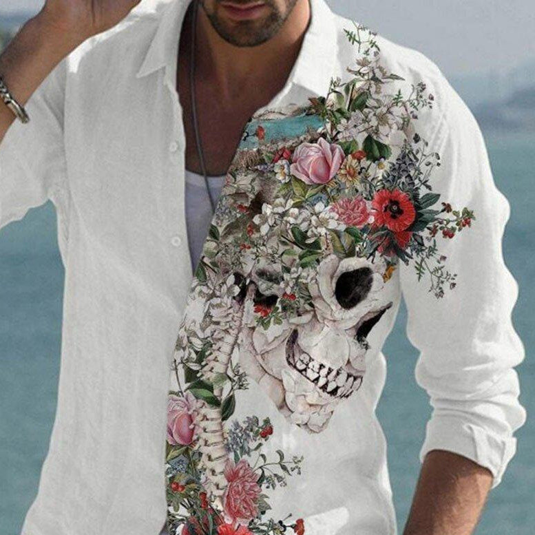 Personality Trendy Skull Flower Print Long Sleeve Simple Shirt