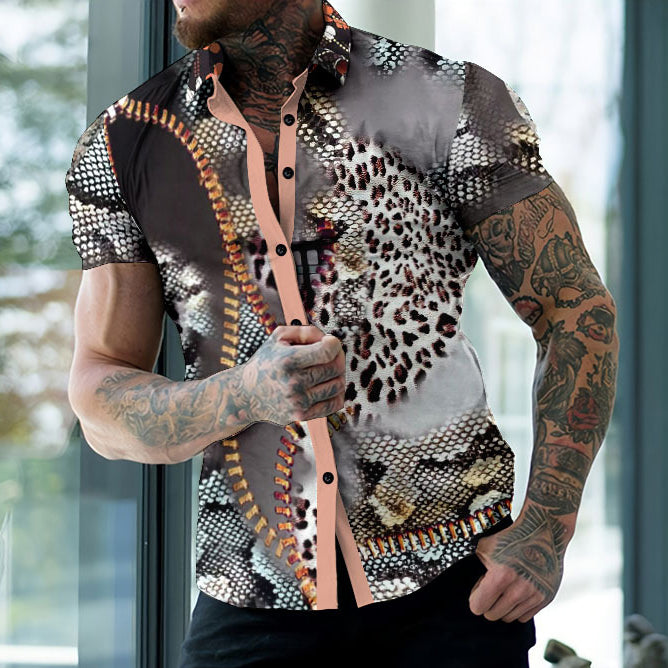 Leopard Contrast Panel Print Casual Short Sleeve Shirt