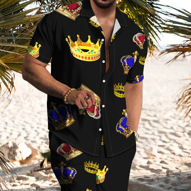 Trendy Crown Print Shirt Shorts Hawaii Vacation Two-Piece Set