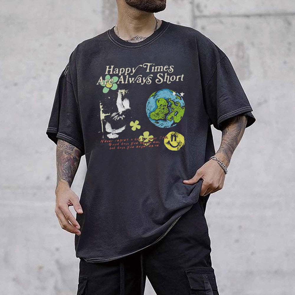 Earth Smiley Graphic Print Casual Loose Men's Short Sleeve T-Shirt