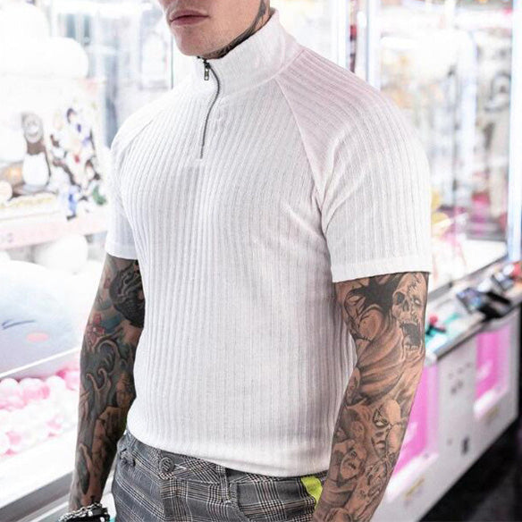 Sports Knit Fashion Stand Collar Zip Short Sleeve T-Shirt
