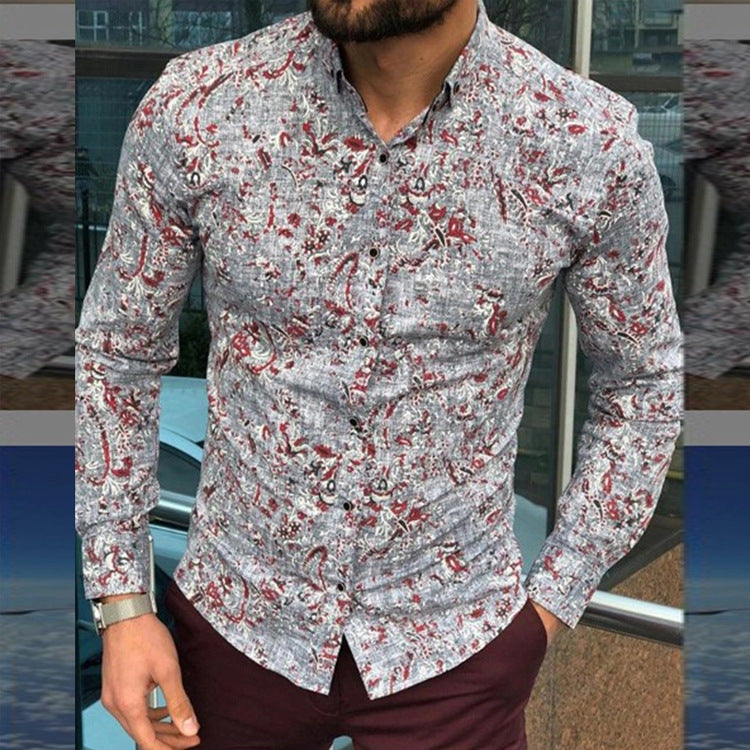 Men's Cotton Linen Print Loose Long Sleeve Casual Shirt