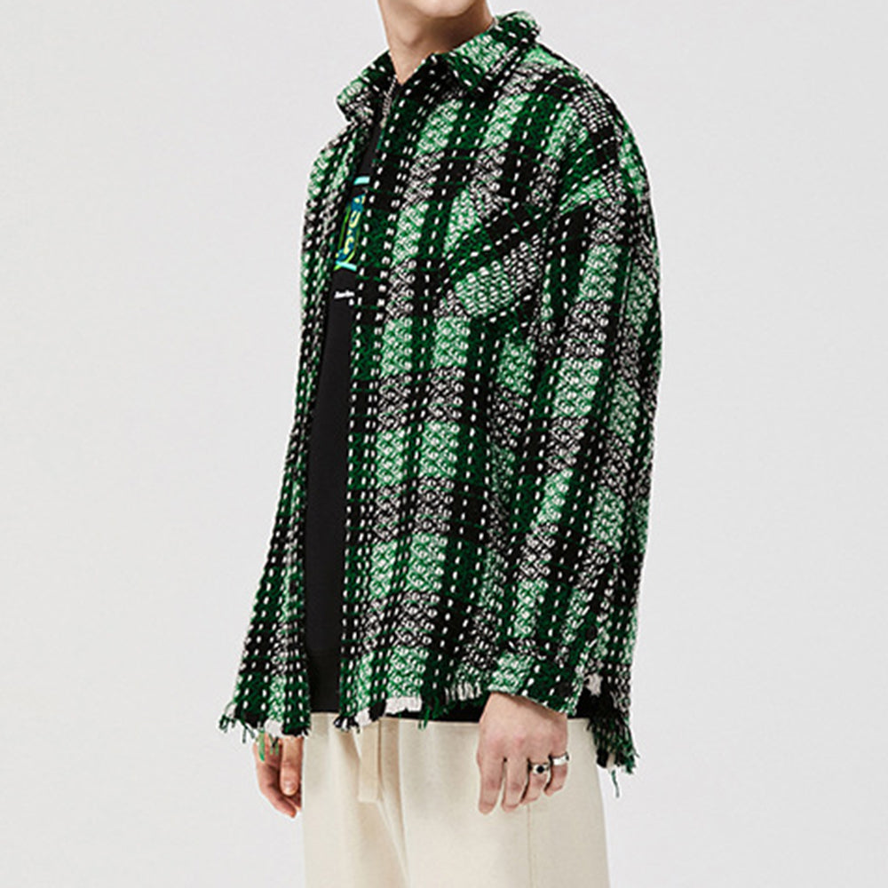 Men's Fringed Checked Tweed Jacket - Green