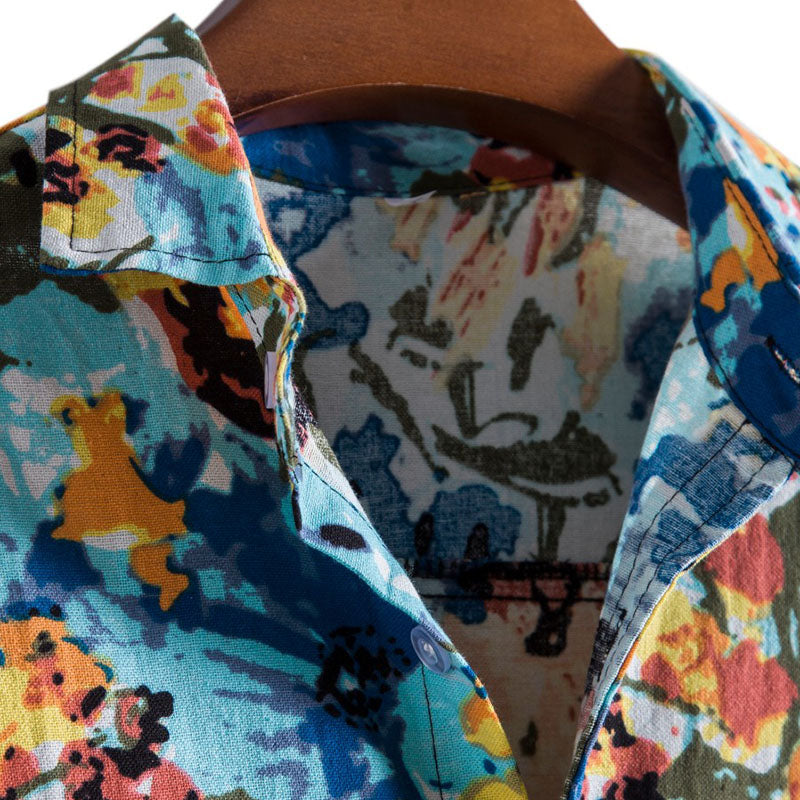 Cotton And Linen Printed Pocket Button-down Shirt