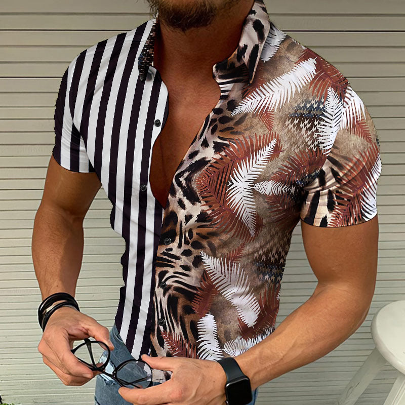 Striped Leopard Contrast Panel Print Casual Short Sleeve Shirt
