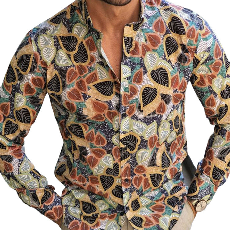 Men's Lapel Leaf Print Loose Casual Long Sleeve Shirt