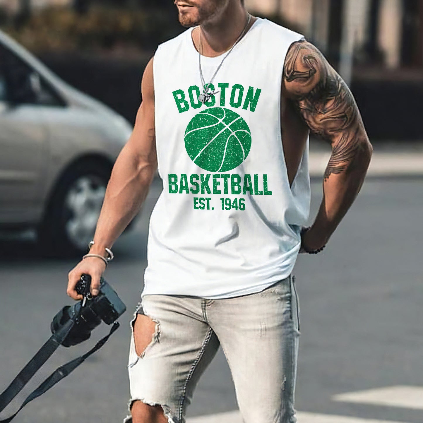 Boston Alphabet Graphic Print Loose Athleisure Men's Tank Top