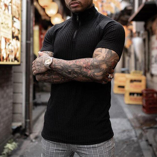 Sports Knit Fashion Stand Collar Zip Short Sleeve T-Shirt