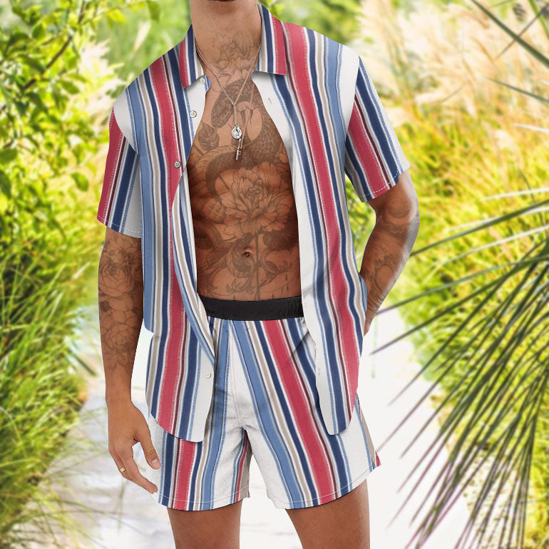 Fashion Personality Casual Striped Print Hawaiian Vacation Two-piece Set