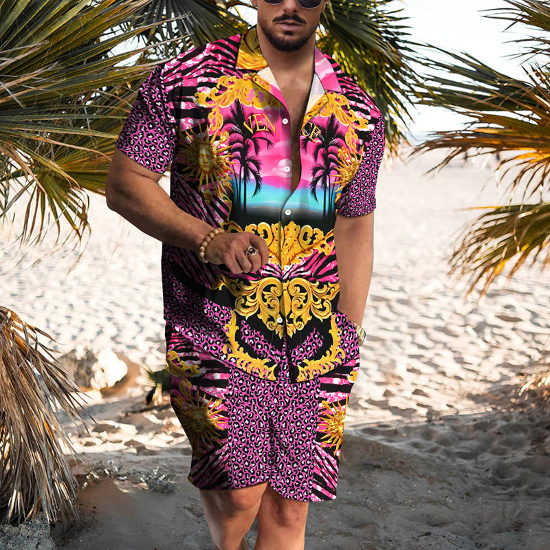 Leopard Print Shirt Shorts Hawaiian Vacation Two-Piece Set