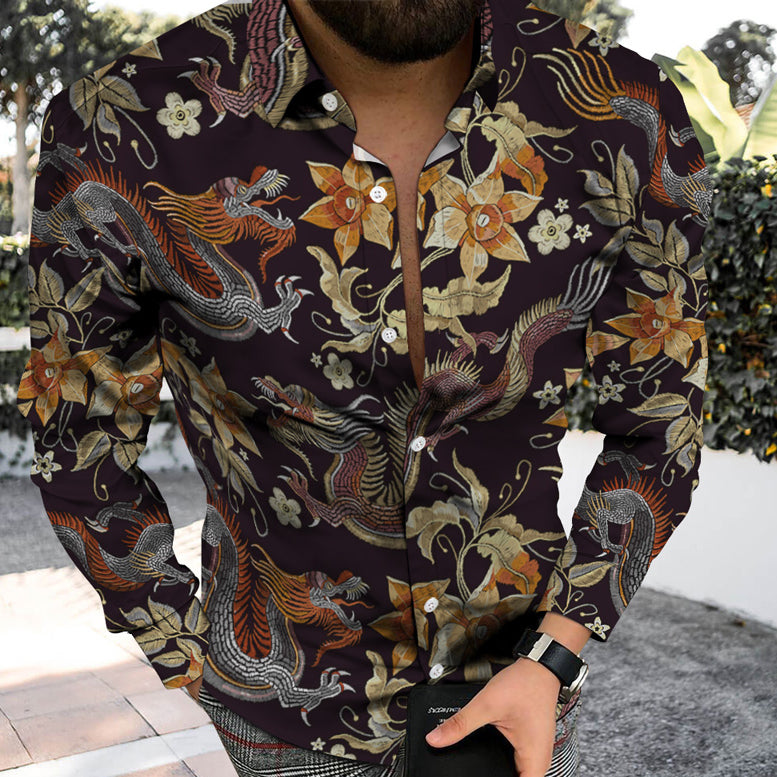 Beach Personality Trend Vintage Floral Animal Print Casual Vacation Long Sleeve Shirt