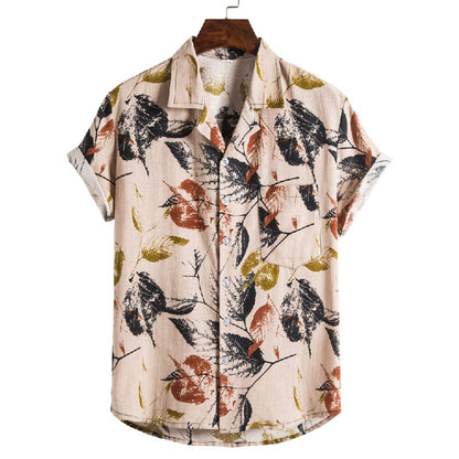 Cotton And Linen Printed Pocket Button-down Shirt