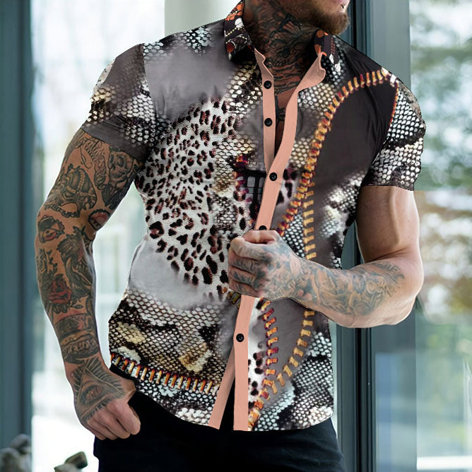 Leopard Contrast Panel Print Casual Short Sleeve Shirt