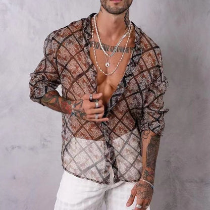 Mesh Print Breathable Lapel Check Casual Shirt