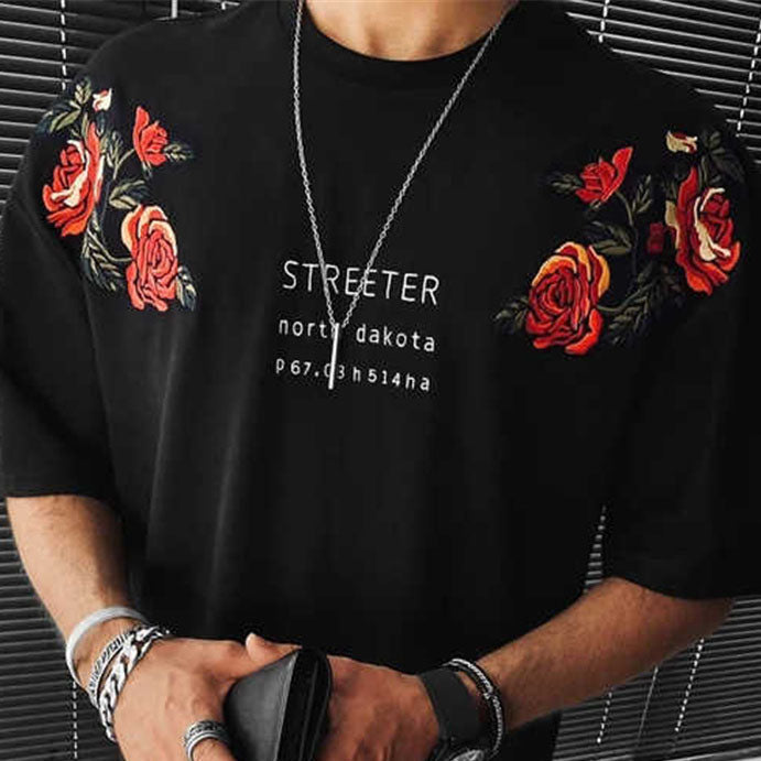 Men Black Floral Print Letter Short Sleeve T-Shirt