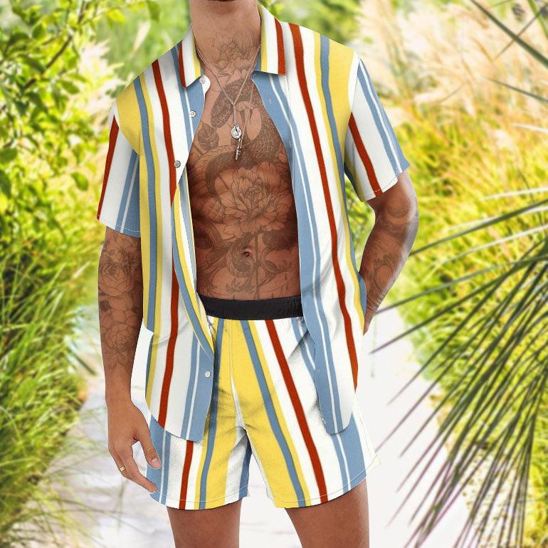 Fashion Personality Trend Stripe Print Hawaiian Vacation Two-Piece Set
