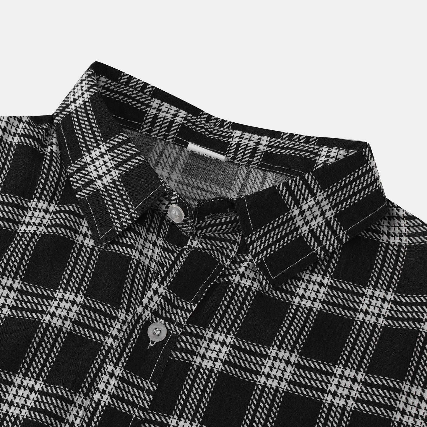 Black Fashion Plaid Print Lapel Button Short Sleeve Shirt