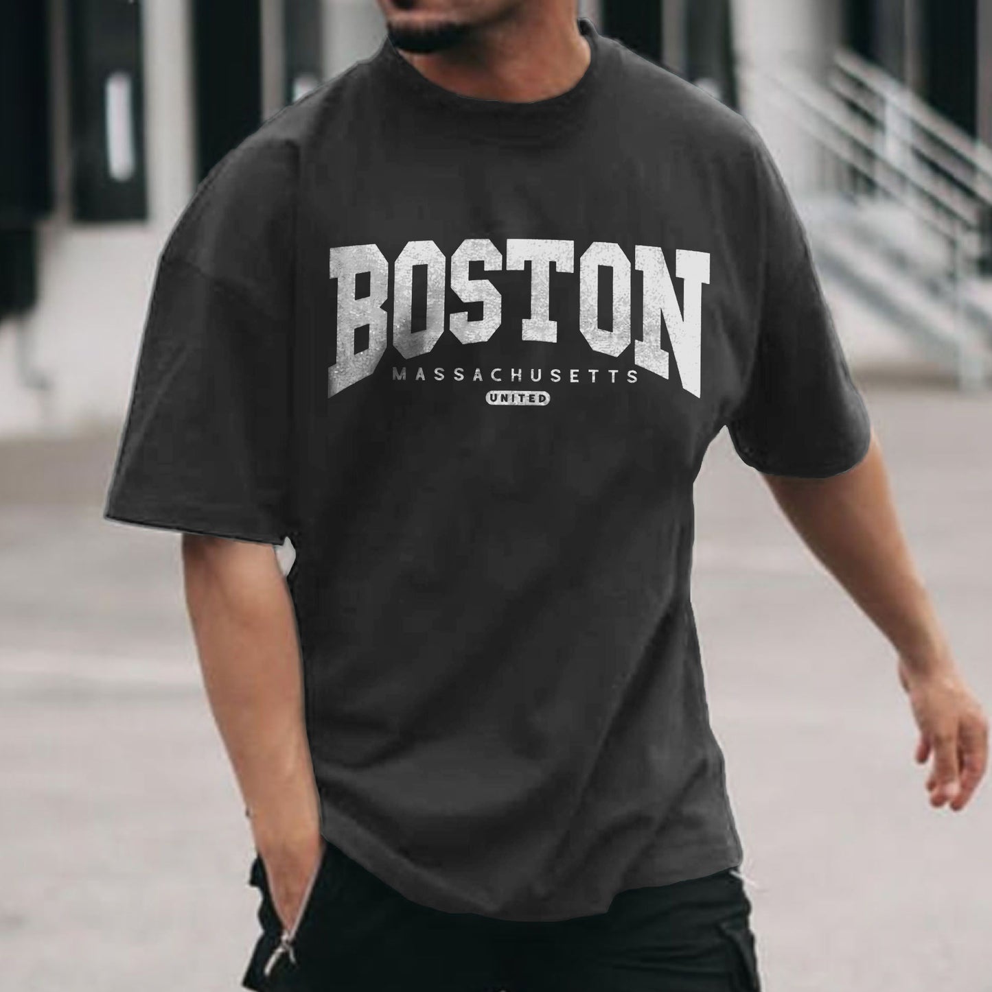 Boston Alphabet Graphic Print Loose Casual Men's T-Shirt