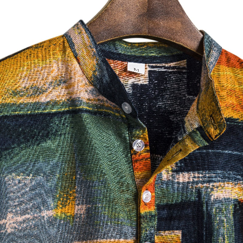 Cotton And Linen Printed Pocket Button-down Shirt