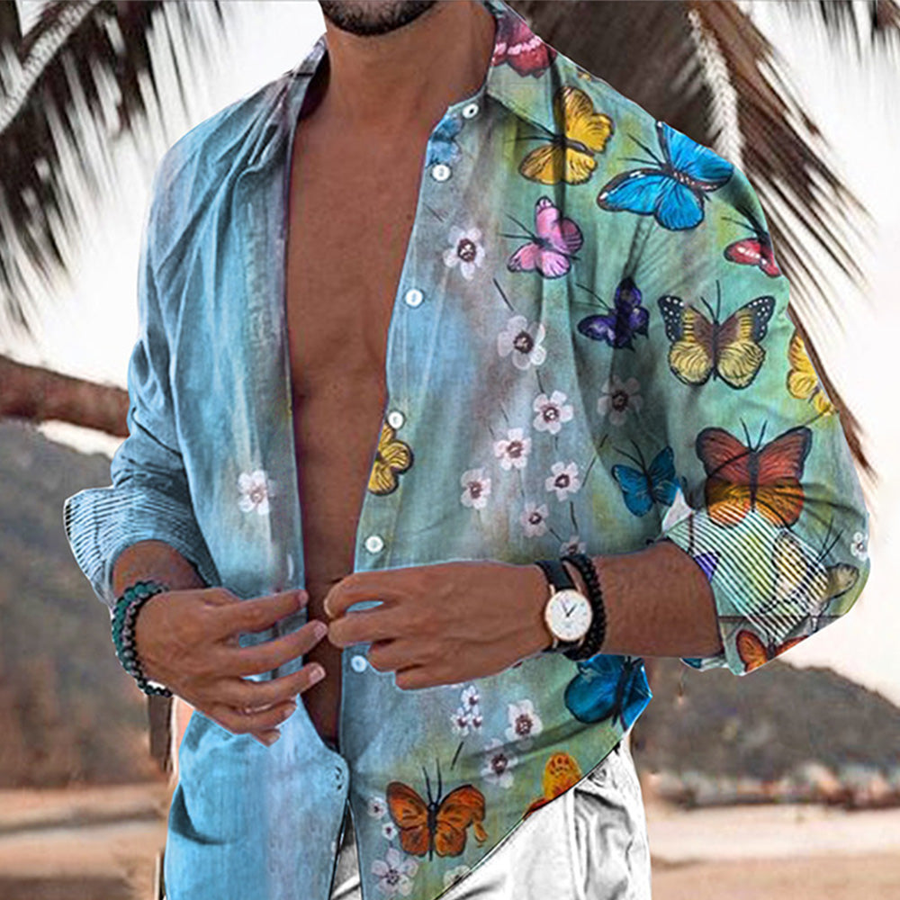 Men's Cotton Butterfly Floral Graphic Print Loose Long Sleeve Casual Shirt