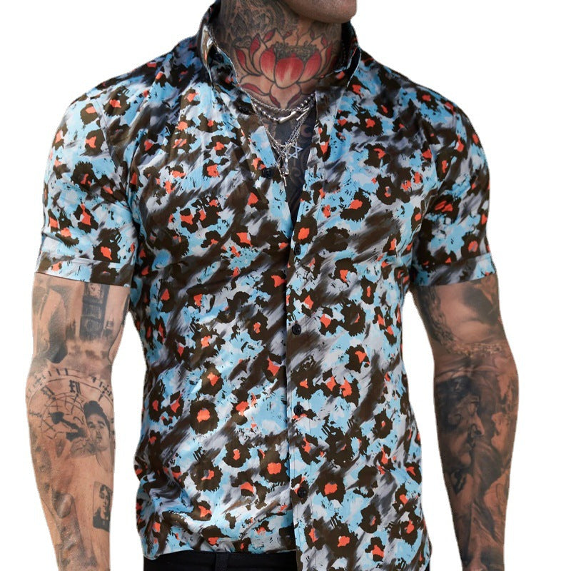 Casual Short Sleeve Vacation Abstract Leopard Print Shirt