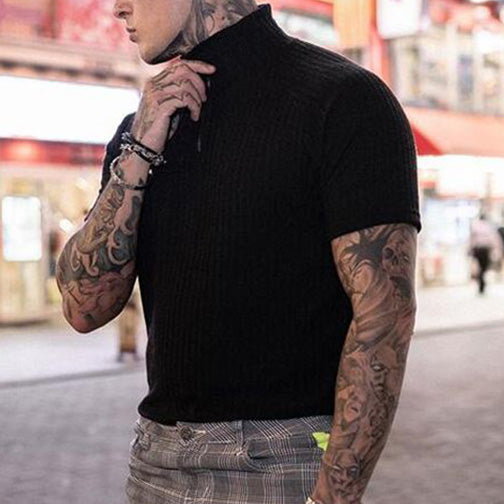 Sports Knit Fashion Stand Collar Zip Short Sleeve T-Shirt
