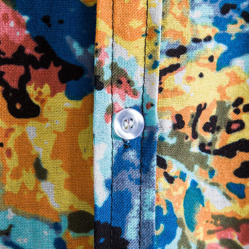 Cotton And Linen Printed Pocket Button-down Shirt