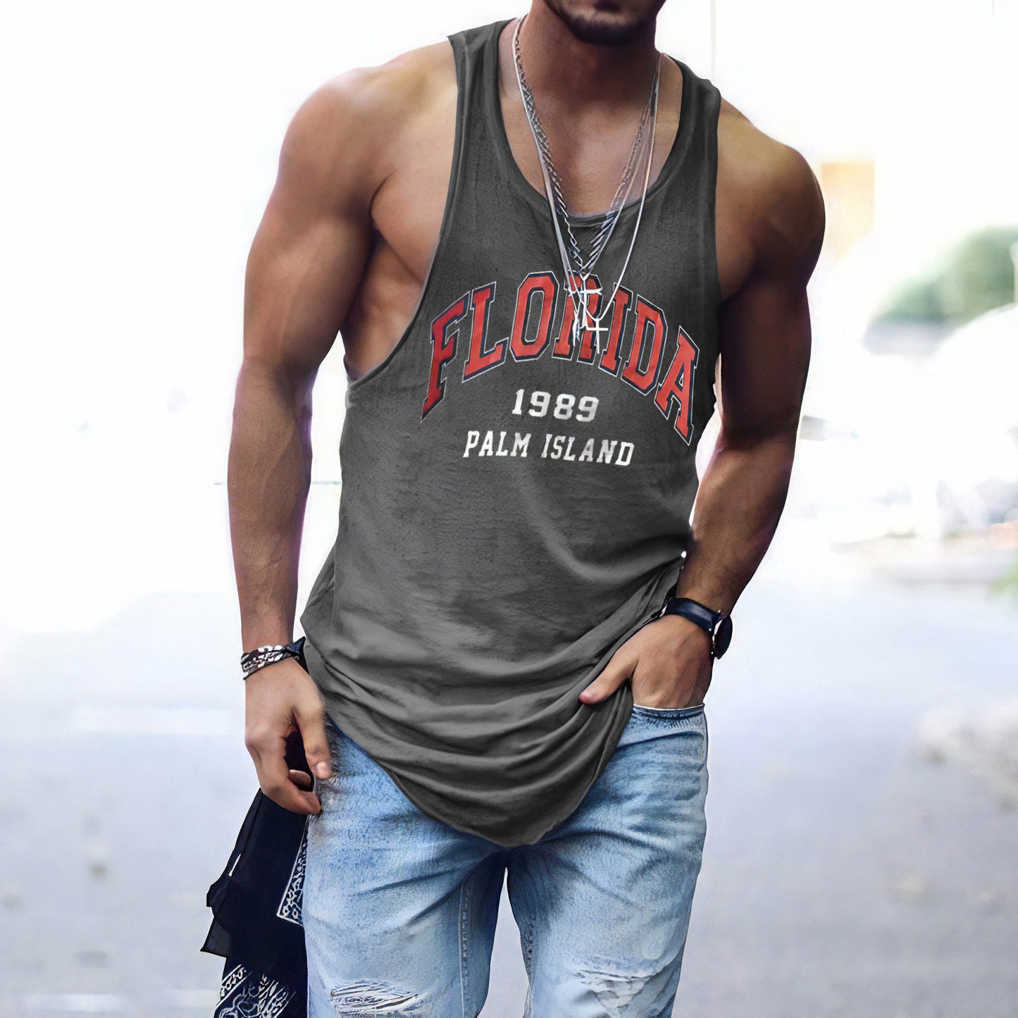 FLORIDA Letter Graphic Print Crew Neck Casual Tank Top