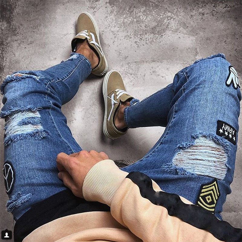 Wool Ripped Patch Denim Pants