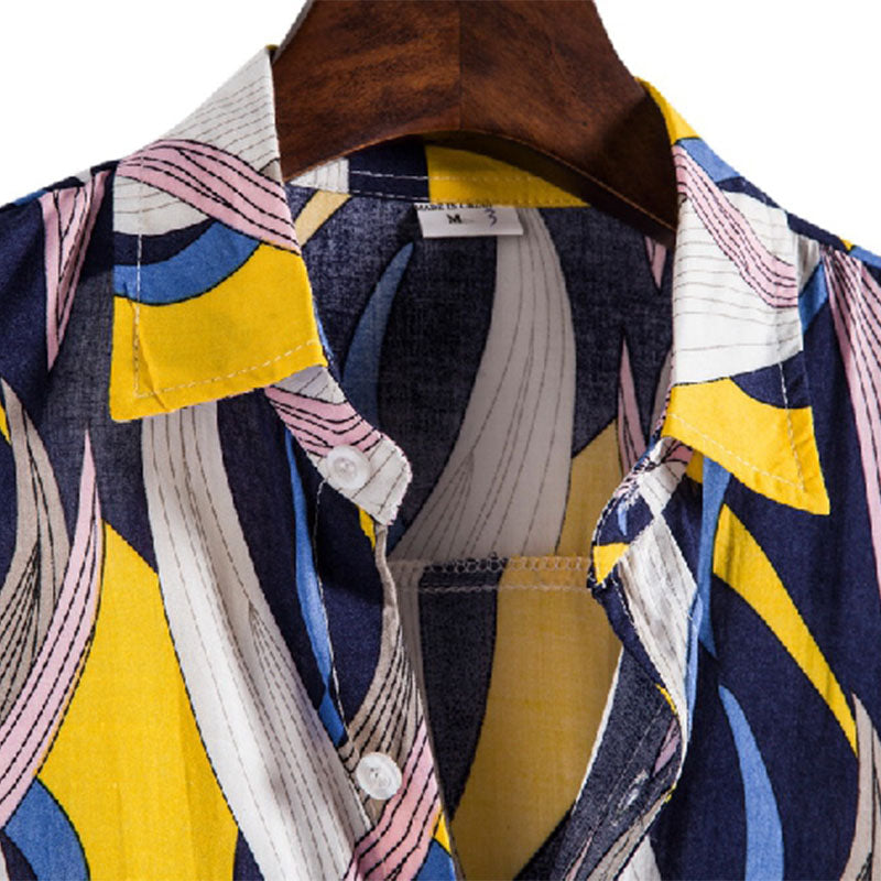 Cotton And Linen Printed Pocket Button-down Shirt