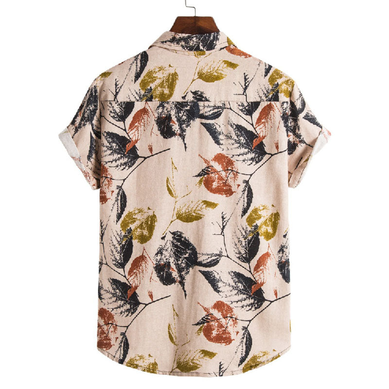 Cotton And Linen Printed Pocket Button-down Shirt