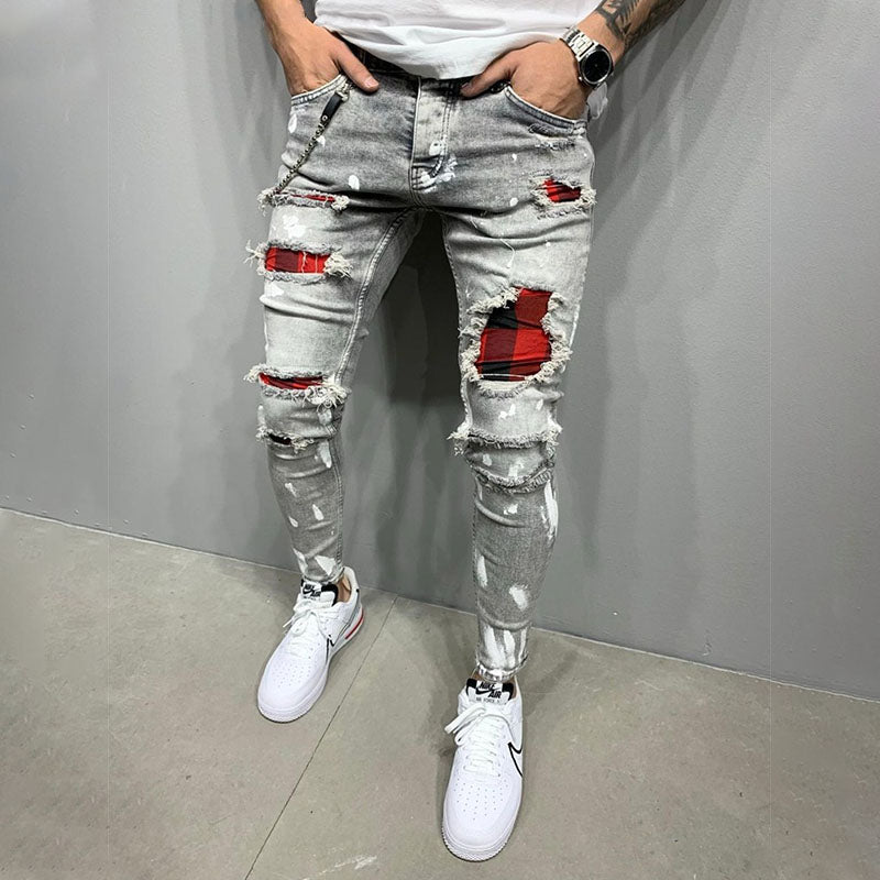 Wool Ripped Patch Denim Pants