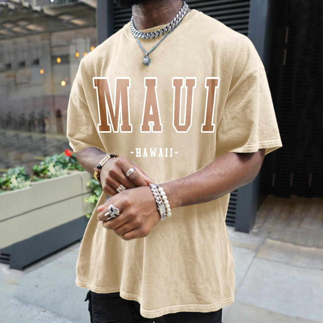 "MAUI" Print Men's Retro Loose Fit T-Shirts