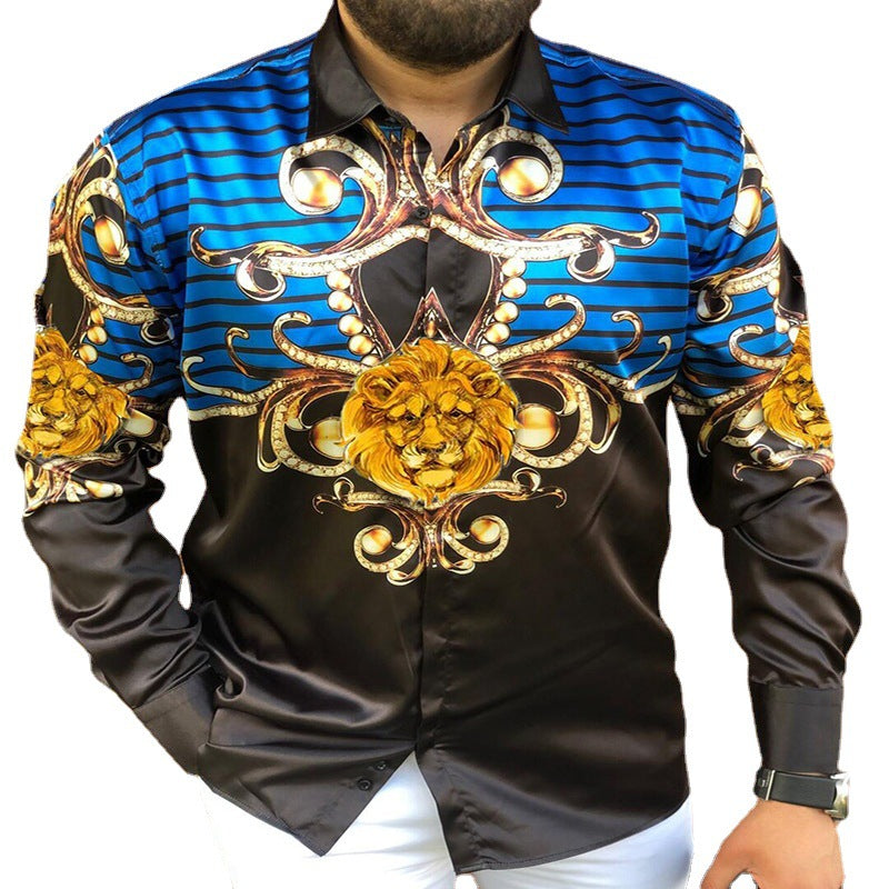 Lion Stripe Graphic Contrast Print Casual Shirt